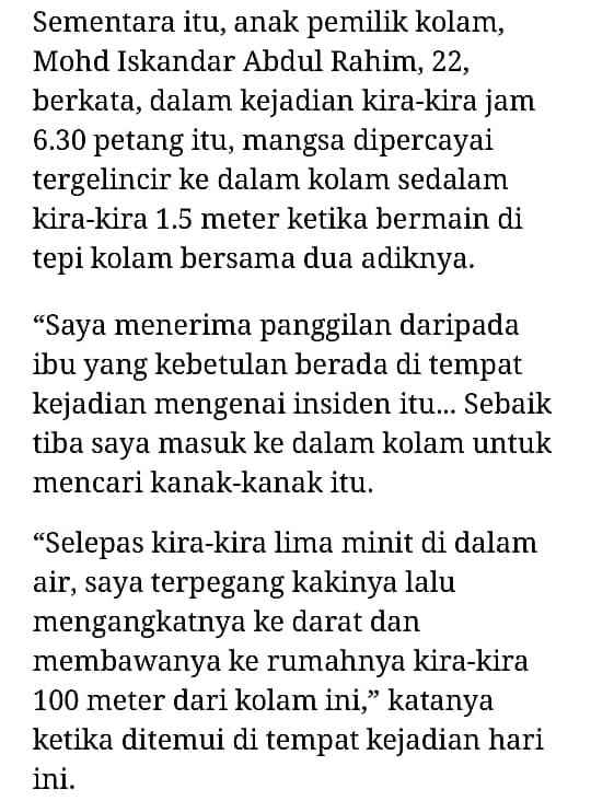 Merajuk Lari Dari Rumah, Budak 8 Tahun Terjatuh & Lem4s Dalam Kolam Ikan!