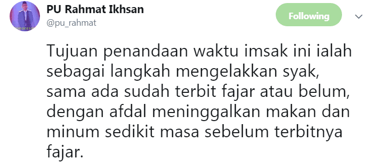 Keliru Boleh Sahur Lagi Atau Tidak Jika Dah Imsak? Ini Jawapan PU Rahmat