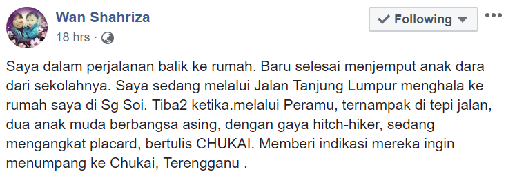 Bantu 2 Orang Musafir Hitch-Hikers Nak Ke Chukai, Wanita Ini Dipuji Netizen