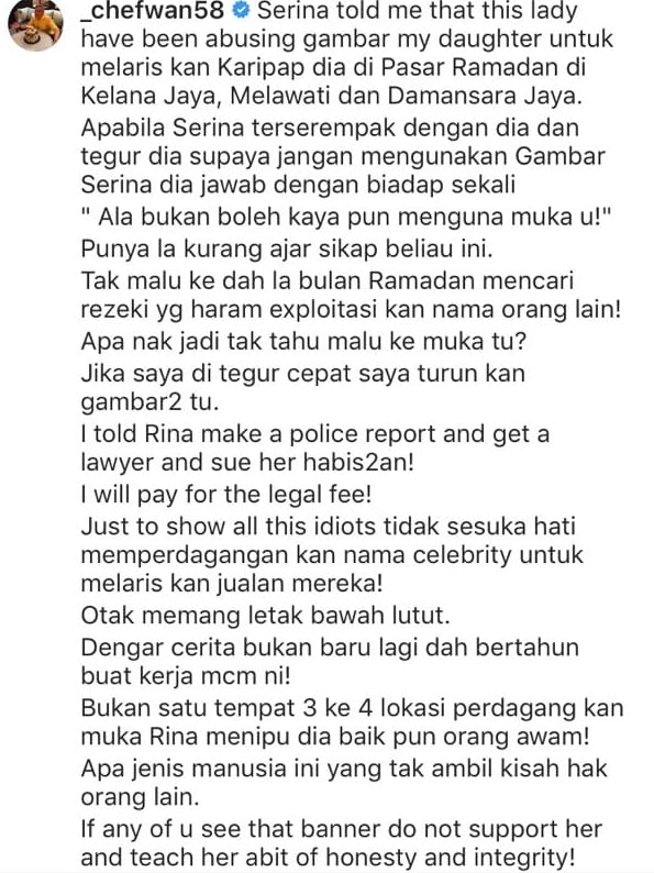 Guna Foto Serina Nak Lariskan Jualan Karipap, Datuk Chef Wan Naik Angin Di IG!