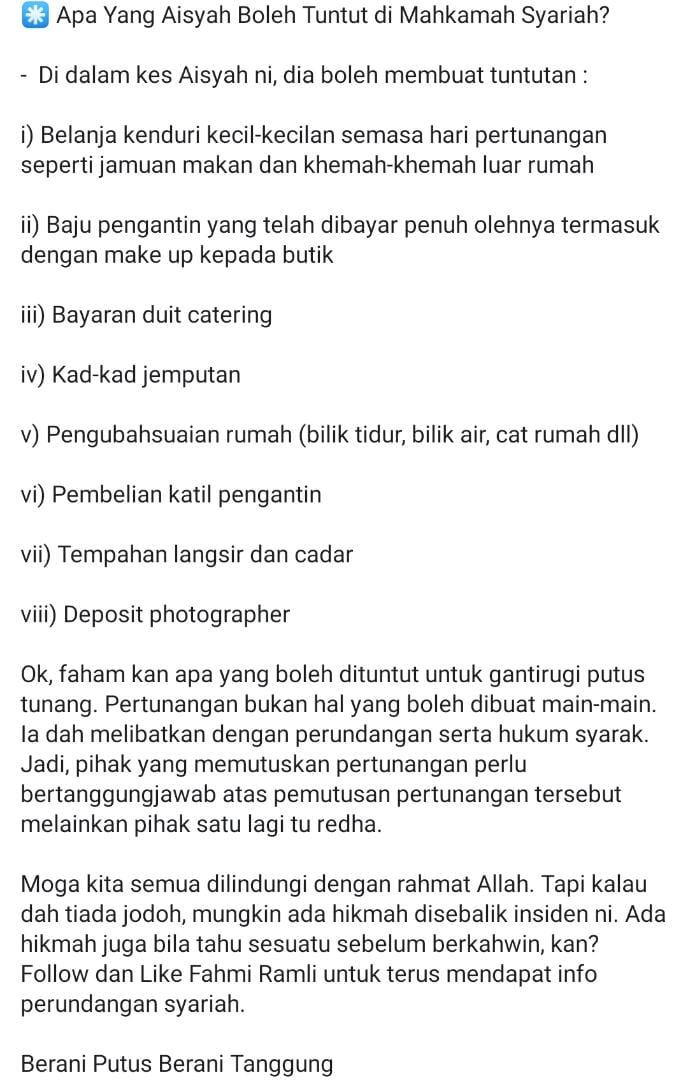 Isu Putus Tunang, Peguam Dedah Rupanya Ada ‘Benda’ Yang Boleh Dituntut Aishah!