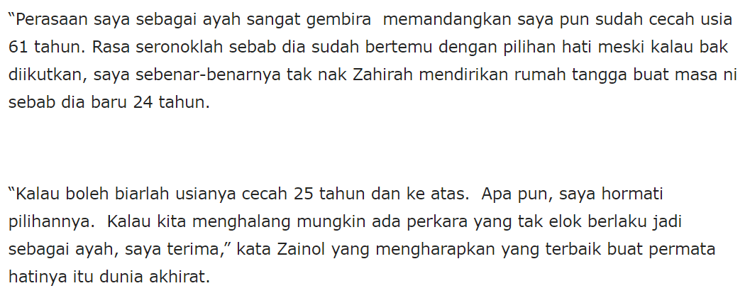 ‘Saya Sebenarnya Taknak Zahirah Dirikan Rumahtangga Buat Masa Ni, Dia Baru 24’