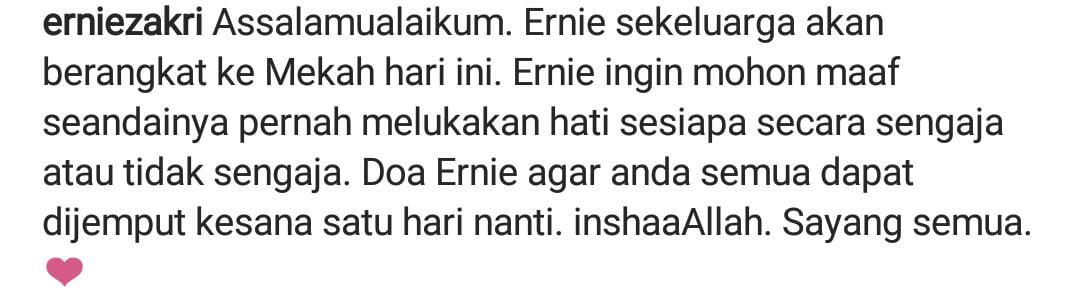 Selesai Mentor Milenia, Ernie Zakri Umum Berangkat Tunai Umrah Hari Ini