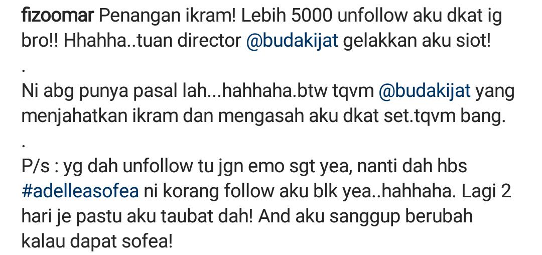 Penangan Watak Ikram Dalam ‘Adellea Sofea’, Fizo Omar Kini Hilang 5k Followers