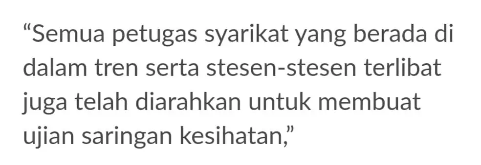 KTMB Disinfeksi Tren 9173, Penumpang ETS Mohon Buat Ujian Saringan Segera