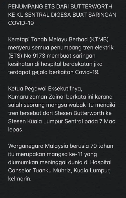 KTMB Disinfeksi Tren 9173, Penumpang ETS Mohon Buat Ujian Saringan Segera