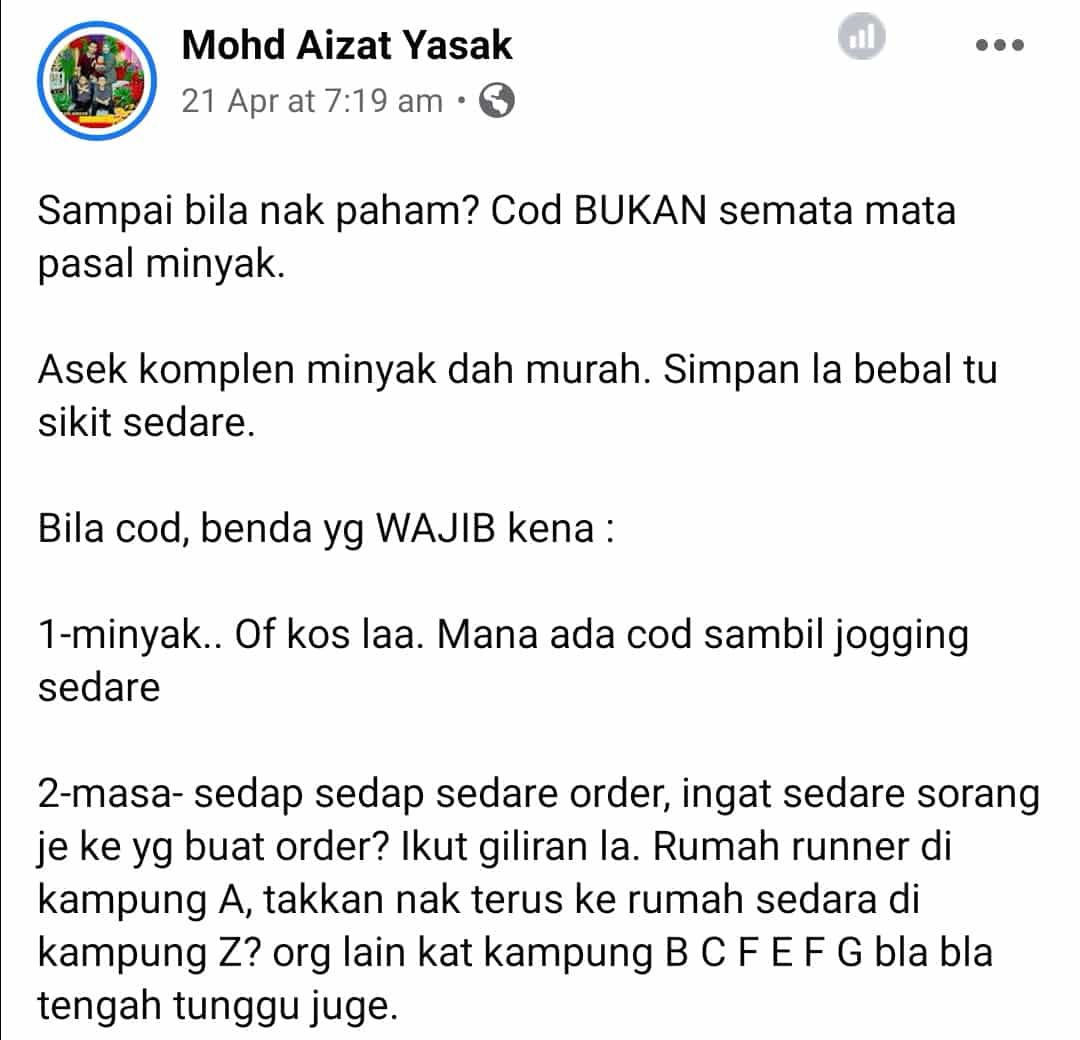 Cancel Order Sebab Perlu Bayar Caj COD, Janganlah Tutup Pintu Rezeki Geng Rider