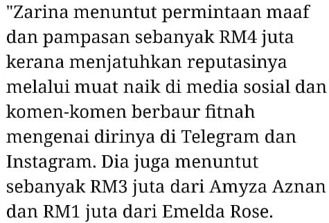 Zarina Anjoulie Tuntut Emelda & Amyza Bayar RM4 Juta Kerana Jatuhkan Reputasi