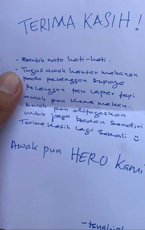 Hargailah Walau Sebesar Zarah, Rider Terharu Terima Nota ‘Awak Pun Hero Kami’..