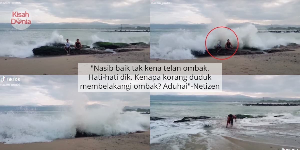 [VIDEO] Konon Nak Feeling Santai Tepi Pantai, 2 Lelaki Cuak Dilibas Ombak Kuat 6