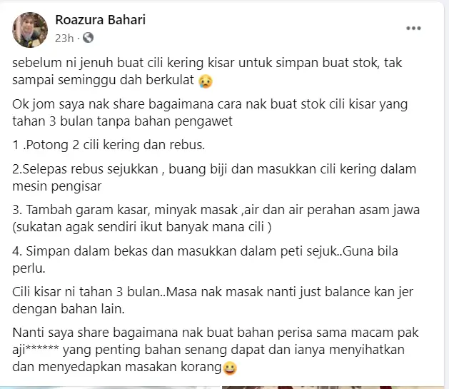 Petua Buat Sendiri Stok Cili Kering Kisar, Tahan Sampai 3 Bulan Tak Berkulat