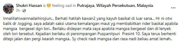 Rider Basikal Ajal Lepas Bergesel Lori, Saksi Buka Mulut Cerita Hal Sebenar