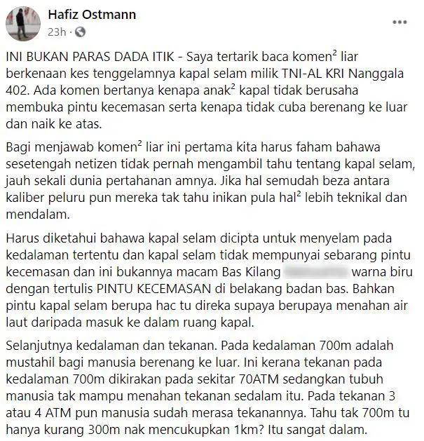 Netizen Soal Kenapa Tak Keluar Ikut Pintu Kecemasan Kapal Selam? Ini Jawapannya