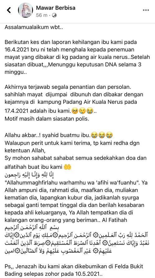 Misteri Kehilangan 3 Minggu Terjawab, Ujian DNA Sahkan Ibu Rentung Tepi Jalan