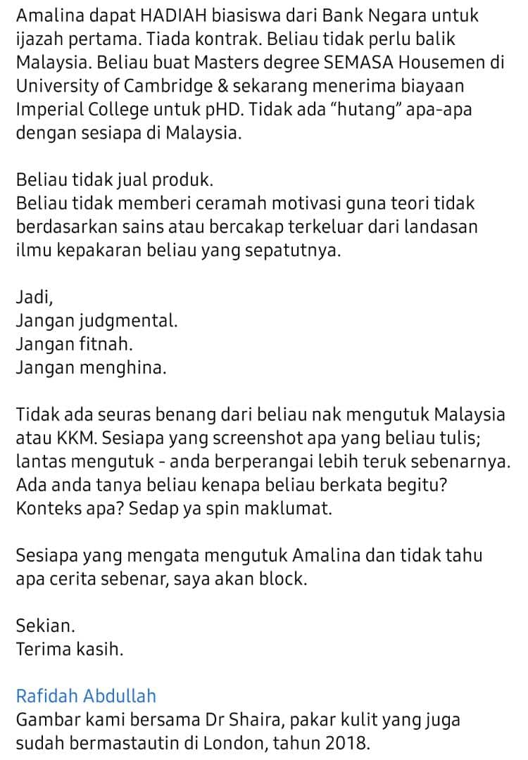 Dr Amalina Dikecam Gara-Gara Tak Balik Kerja Malaysia, Dr Rafidah Bidas Balik 5