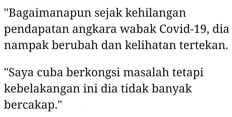 Tertekan Kehilangan Kerja, Isteri Tak Sangka Suami Penyayang Bertukar Agresif