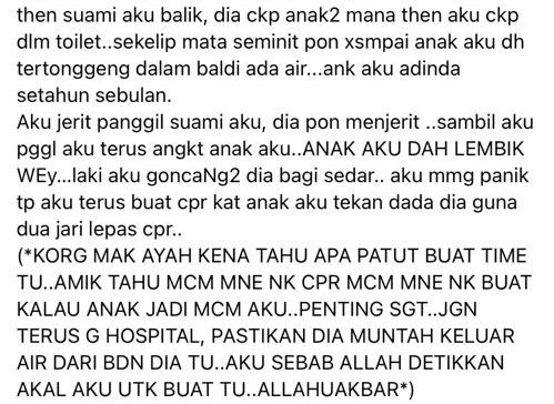 Kurang Seminit Pergi Tutup Pintu, Ibu Panik CPR Anak Terlangkup Masuk Baldi