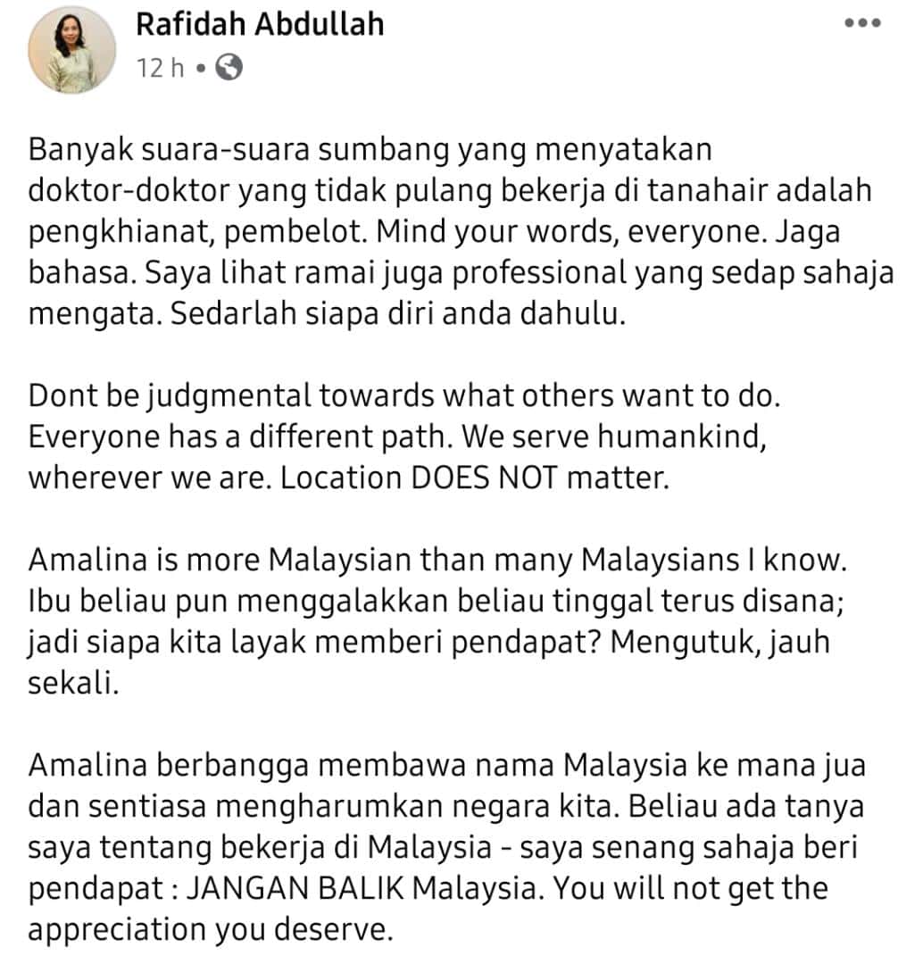 Dr Amalina Dikecam Gara-Gara Tak Balik Kerja Malaysia, Dr Rafidah Bidas Balik 3