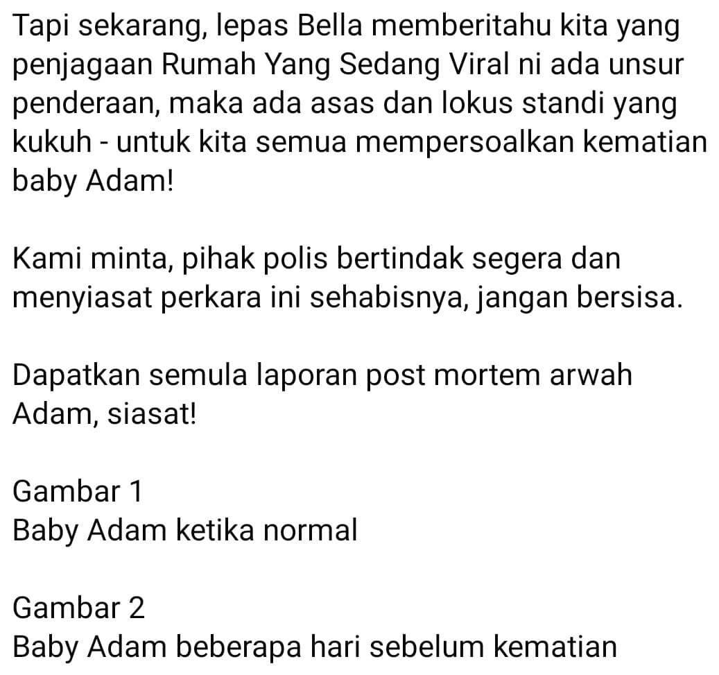Ajal Masa Dijaga 'Rumah' Sama Adik Bella, Kematian Baby Adam Dipersoal Netizen 5