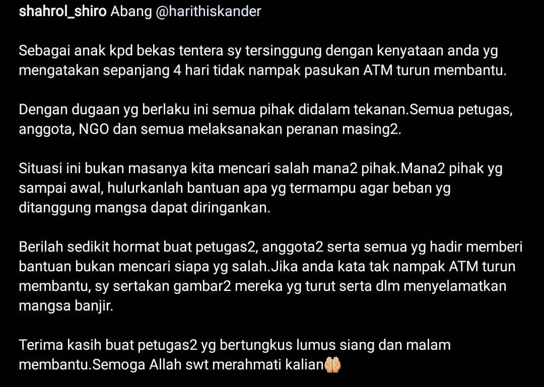 Harith Iskander Dakwa Tak Nampak Kelibat ATM 4 Hari Banjir, Shahrol Shiro Tegur