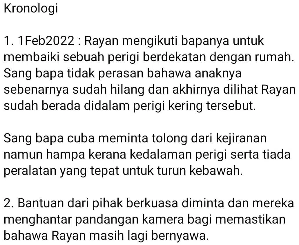 3 Hari Terperangkap, Budak 12 Tahun Berani Masuk Perigi Selamatkan Rayan Tapi..