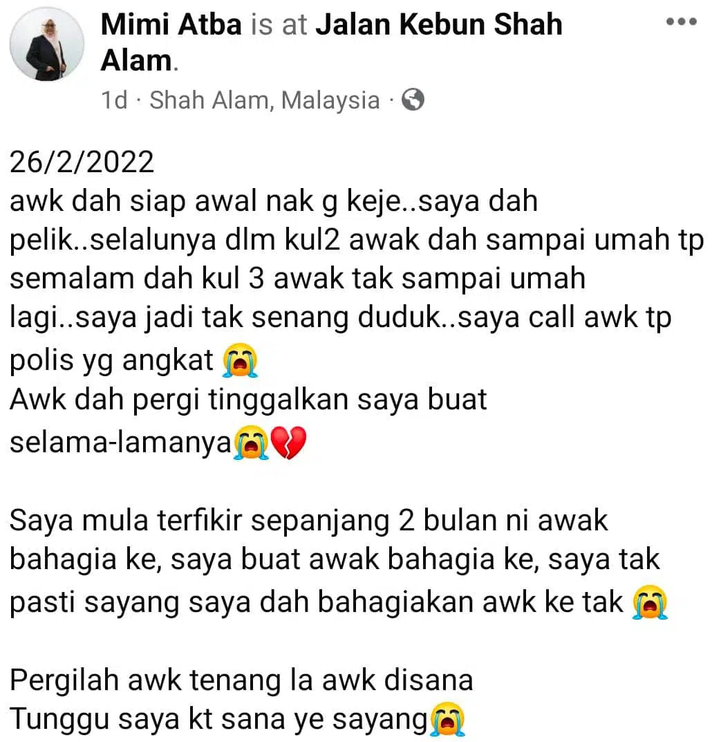 2 Bulan Nikah, Suami Terbabit Nahas Kontena -“Call Awak Tapi Polis Yang Angkat”