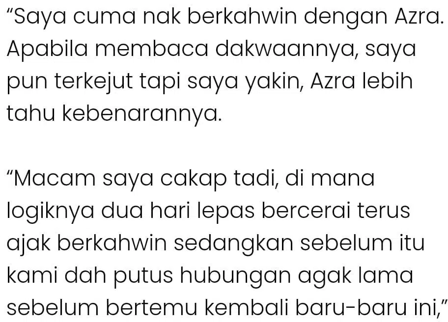 Tak Logik Ajak Kahwin 2 Hari Lepas Berpisah, Bila Pula Saya Ada Perempuan Lain?