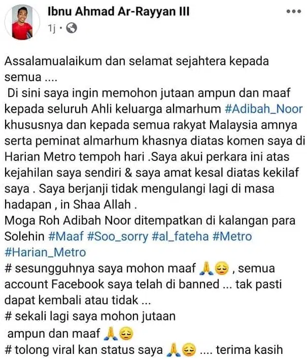 Serik Dikecam, Lelaki Pertikai Pemergian Adibah Noor Mengaku Jahil & Mohon Maaf