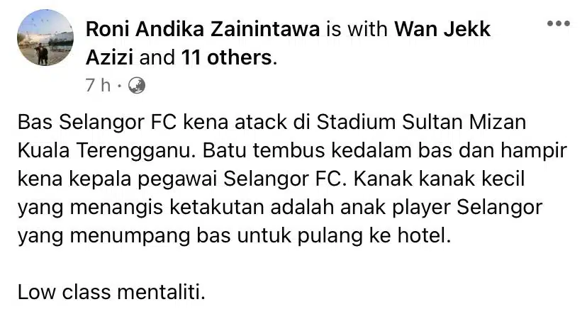 Terengganu Gagal Ke Final Bola, Anak Player Selangor Menangis Bas Dibaling Batu