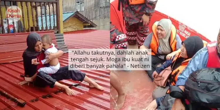 Rumah Hampir Tenggelam, Ibu Gagahkan Diri Jalan Atas Bumbung Sambil Dukung Bayi