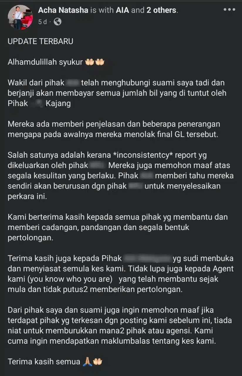 Pihak Insurans Sudah Hubungi & Beri Penjelasan, Janji Bayar Tuntutan Kos Rawatan