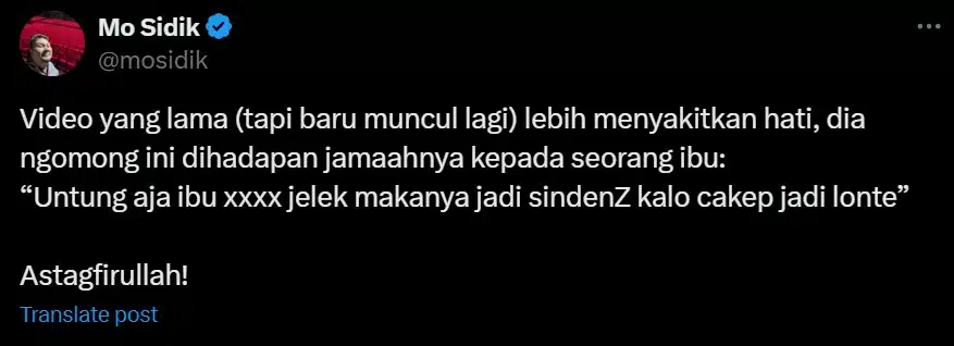 Netizen Dedah Lagi Video Gus Miftah, Persenda Rupa Jemaah Wanita Sebagai “Hodoh”