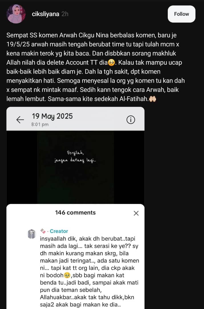 “Bukan Saja-Saja Akak Bagi Makan Ke Dia” – Komen Yang Sempat Ditulis Cikgu Nina