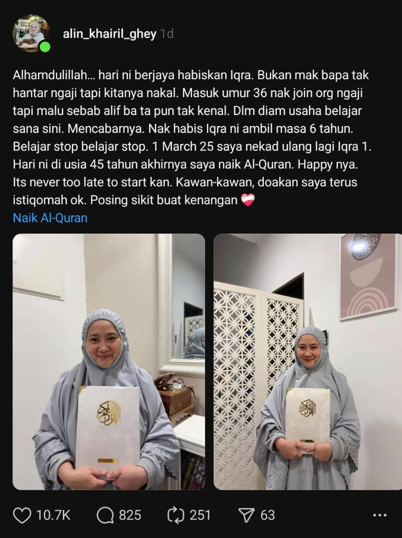 6 Tahun Proses Belajar Iqra’, Akhirnya Berjaya Naik Al-Quran Pada Usia 45 Tahun