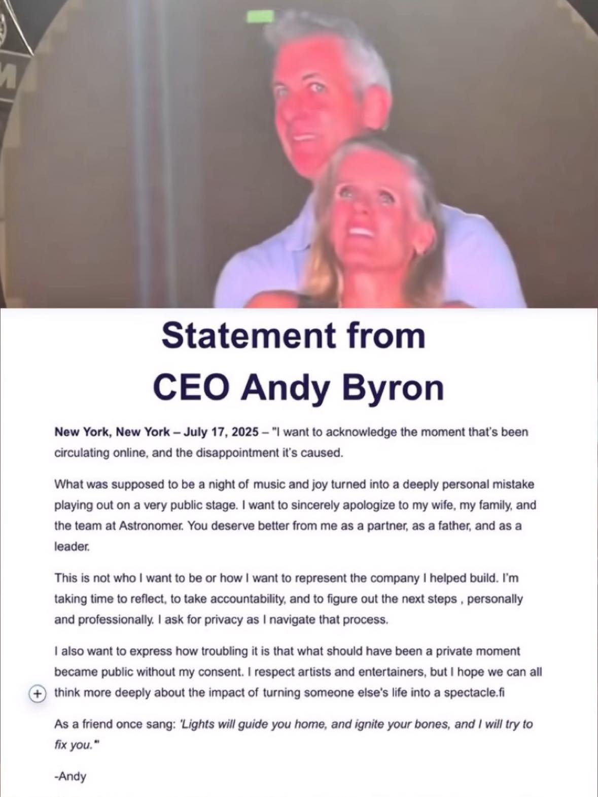 Isu Skandal Dengan Staf HR, CEO Andy Byron Mohon Maaf Secara Terbuka Pada Isteri