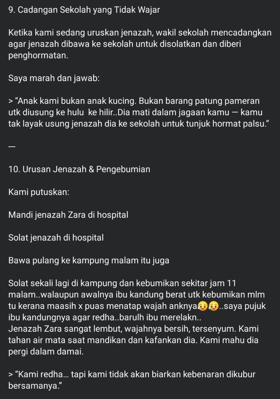 Di Tanah Perkuburan, Pihak Sekolah Minta Ibu Zara Qairina Usah Tularkan Kejadian