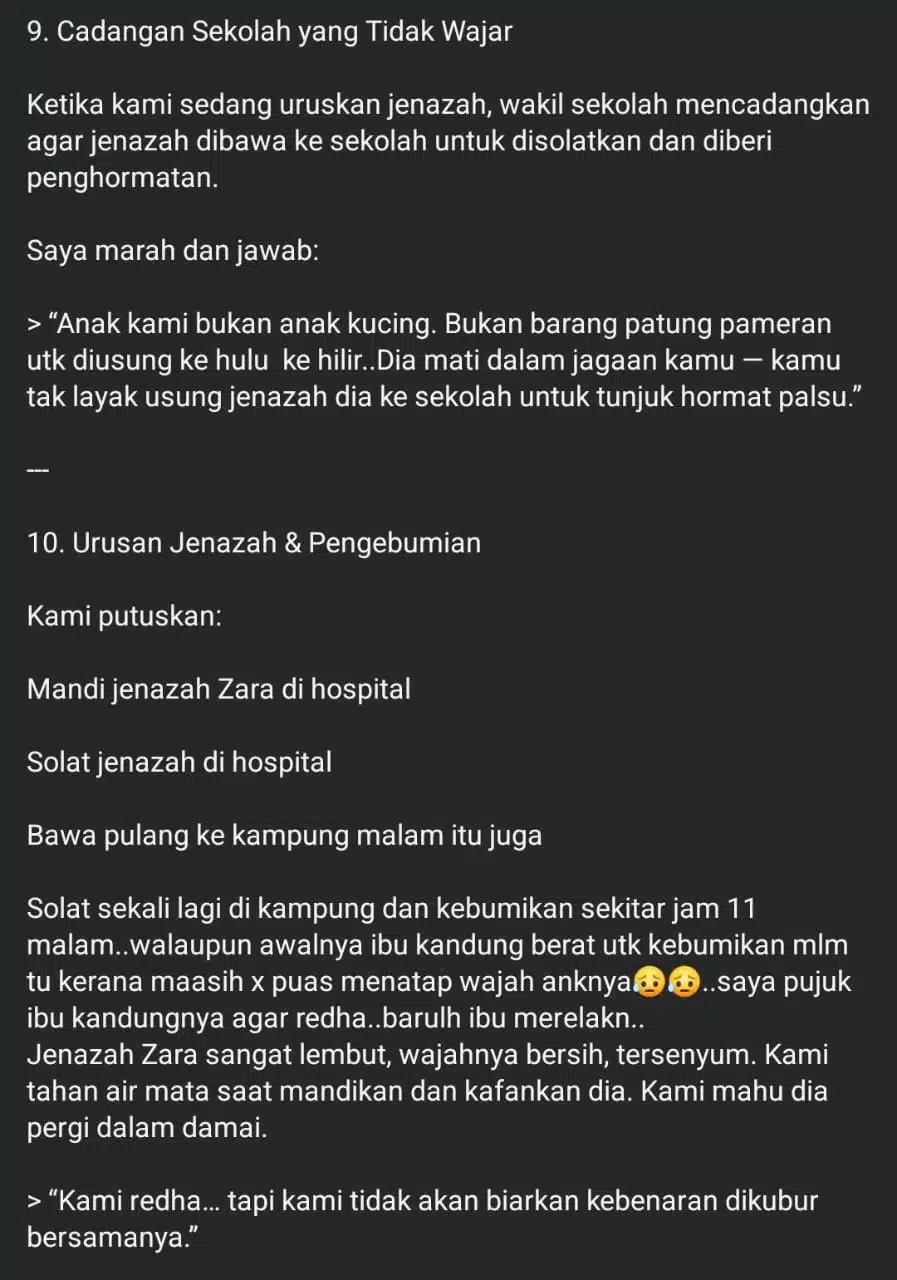 Di Tanah Perkuburan, Pihak Sekolah Minta Ibu Zara Qairina Usah Tularkan Kejadian