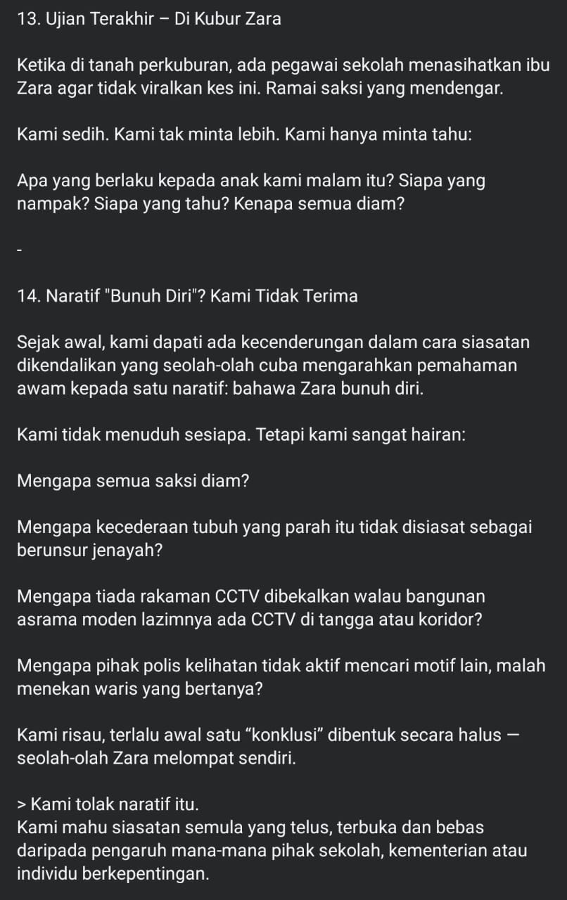 Di Tanah Perkuburan, Pihak Sekolah Minta Ibu Zara Qairina Usah Tularkan Kejadian