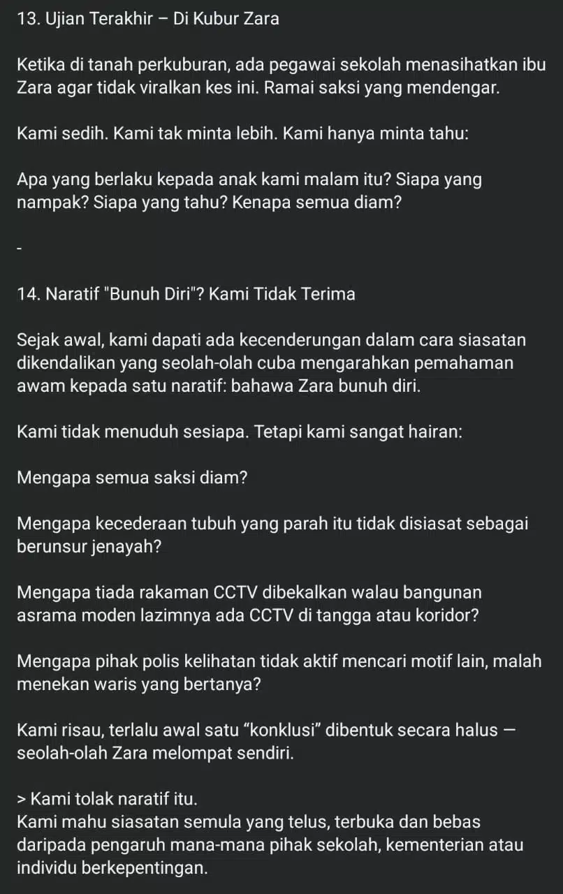 Di Tanah Perkuburan, Pihak Sekolah Minta Ibu Zara Qairina Usah Tularkan Kejadian