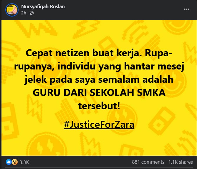 Lantang Tulis Tentang #JusticeForZara, Wanita Terima Mesej Jelik Dari Guru SMKA
