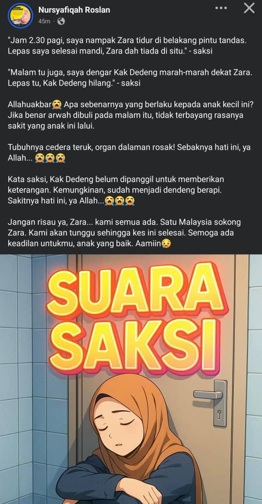 “2.30 Pagi Zara Tidur Di Tandas, Kak Dedeng Marah-Marah Lepas Tu Hilang” – SAKSI