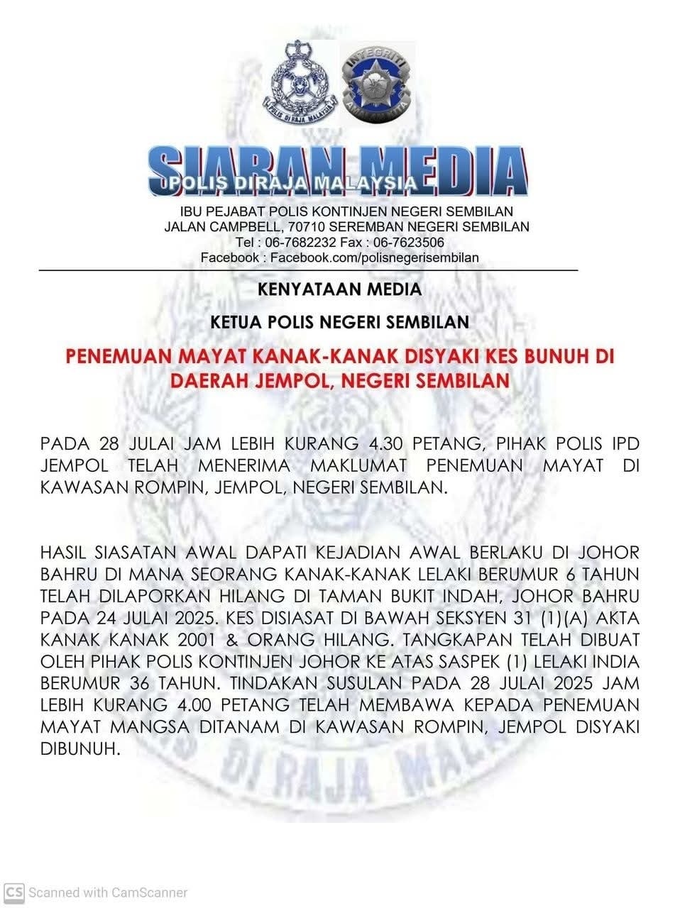 Bapa Lapor Kehilangan Anak Sejak Khamis Lalu, Rupanya Ditanam Di Kawasan Belukar