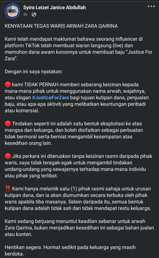 Waris Zara Beri Amaran Kepada Influencer Kutip Dana Buat Baju #JusticeForZara