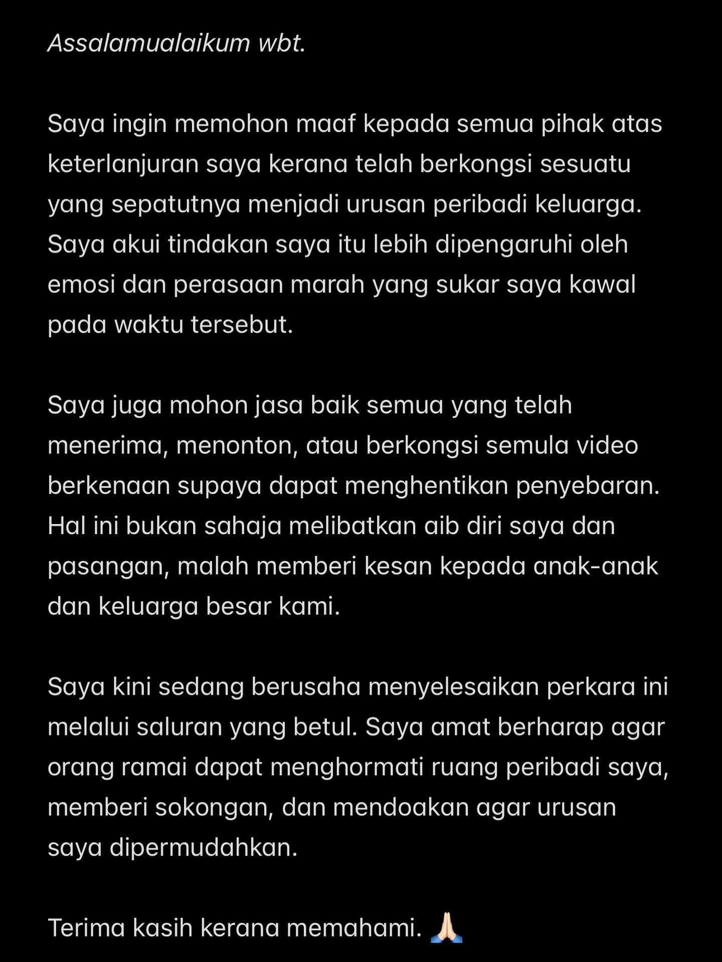 Isteri Mohon Maaf Terlanjur Kongsi Isu Peribadi, Gagal Kawal Emosi