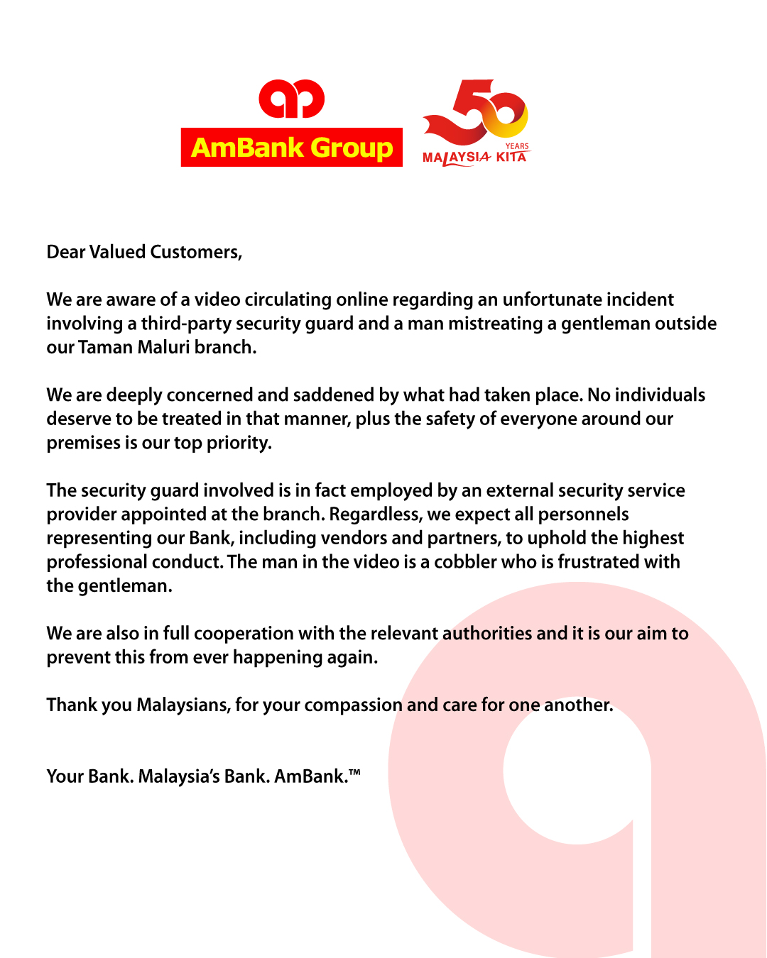 Insiden Mak Guard & Tukang Kasut Siram Air Pada Gelandangan, AmBank Mohon Maaf