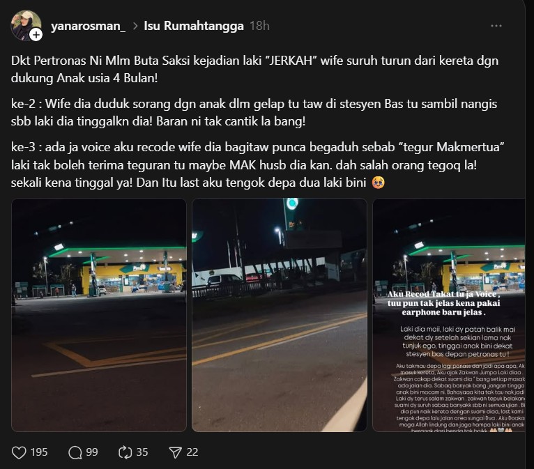 Berang Ibu Ditegur, Suami Tinggalkan Isteri & Bayi 4 Bulan Di Stesen Minyak