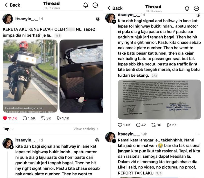 “Cermin Kereta Aku Pecah” – Penunggang Motorsikal Lempar Batu Besar