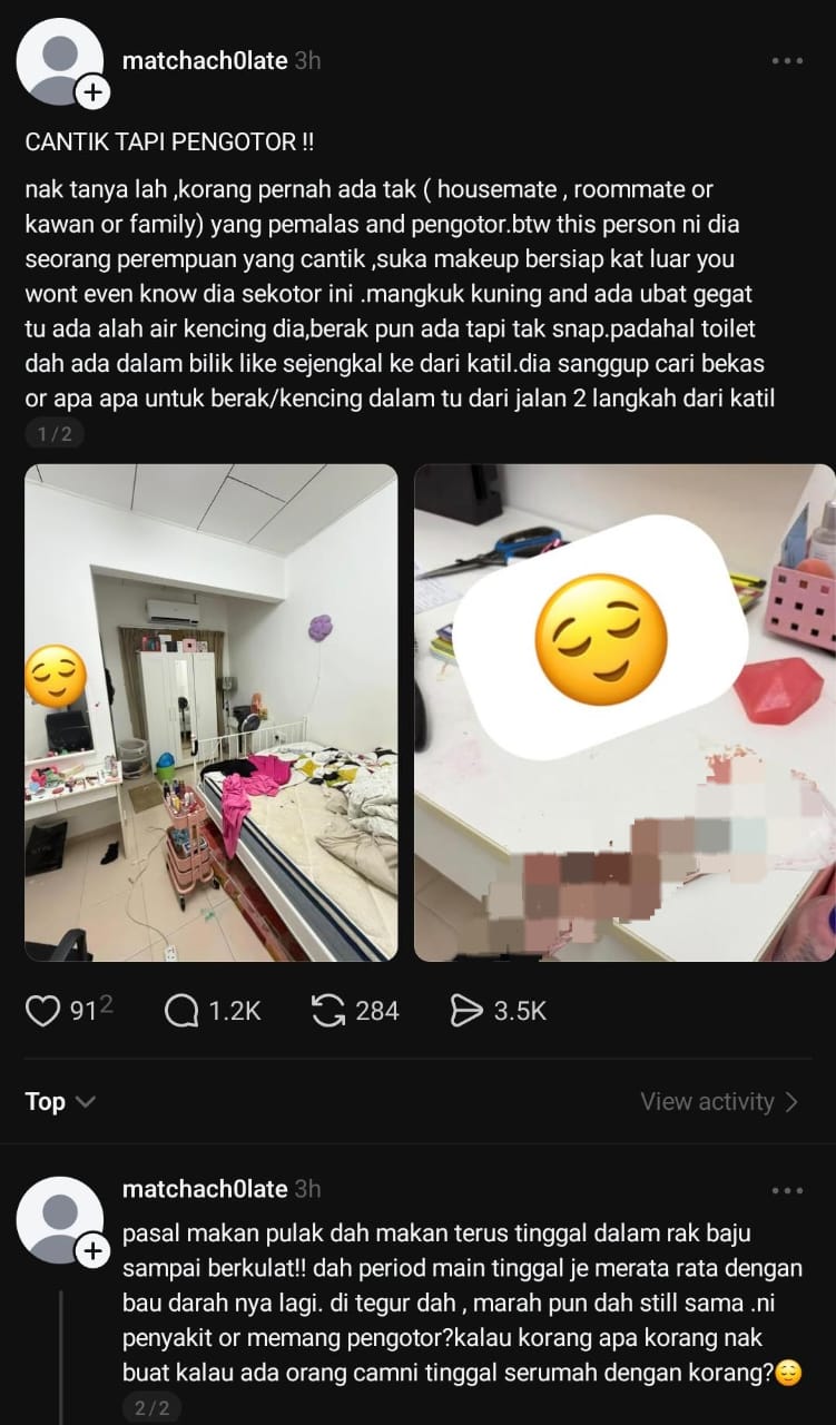 Perangai Housemate Cantik, Pad Kotor Tampal Atas Meja, Kencing Dalam Mangkuk