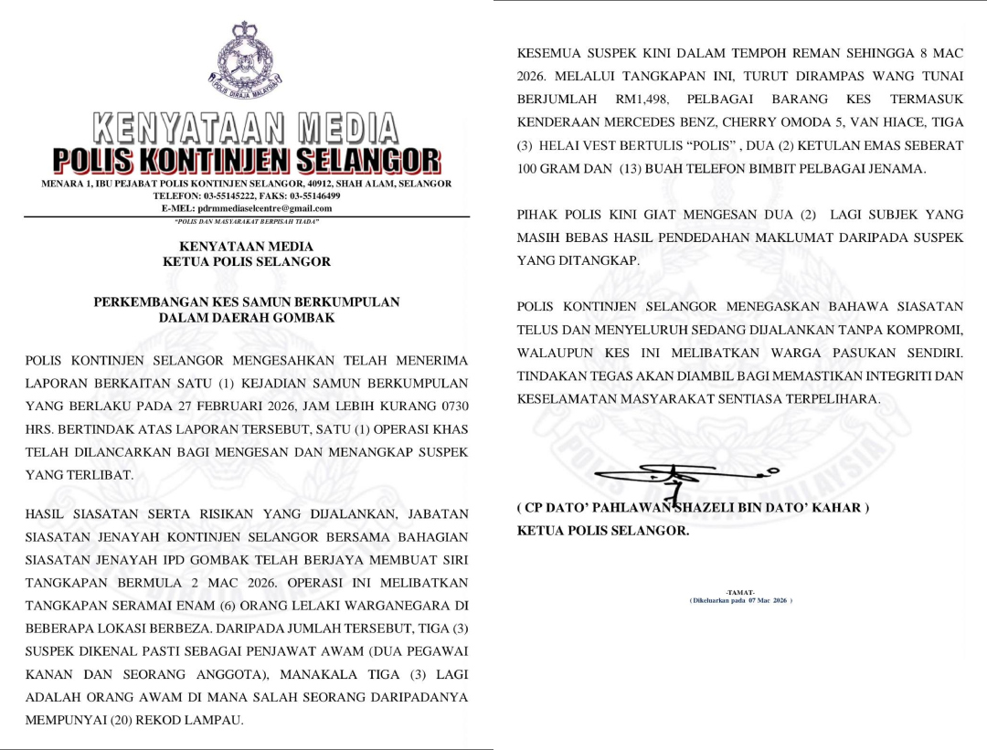 Samun Emas 100g & Kereta Mewah, 2 Pegawai Kanan & Anggota Polis Turut Ditahan