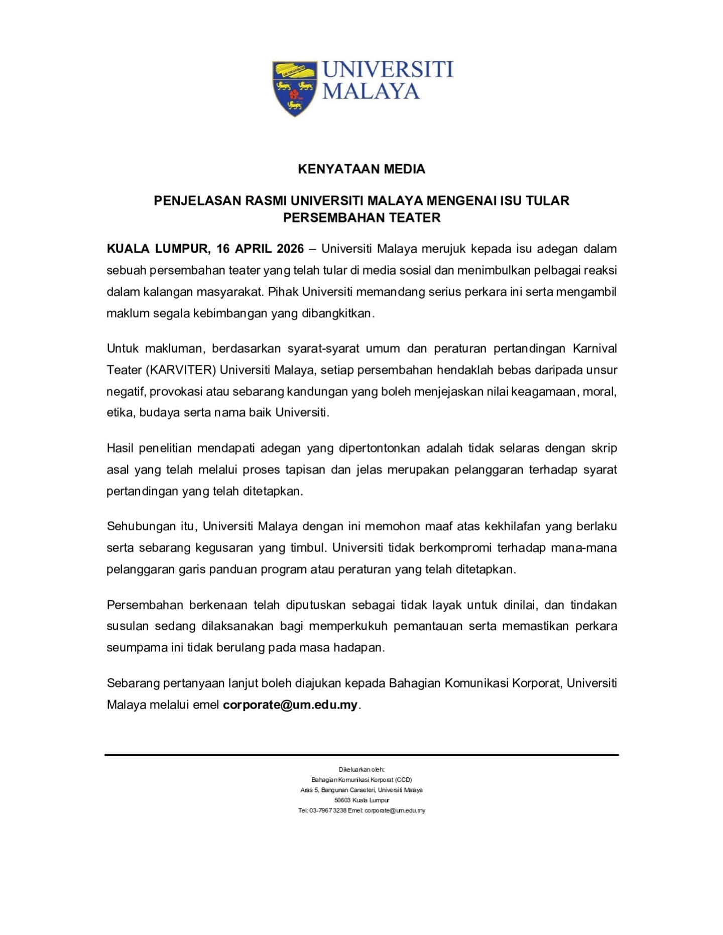 Babak Teater Tidak Senonoh 2 Pelakon, Universiti Malaya Ambil Tindakan Susulan